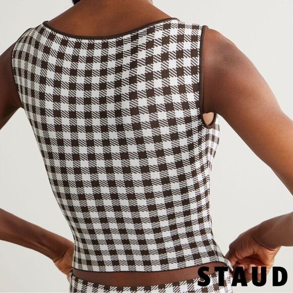 STAUD **NWT** Montgomery Cropped Knit Tank in Chocolate Brown Gingham - Picture 8 of 14